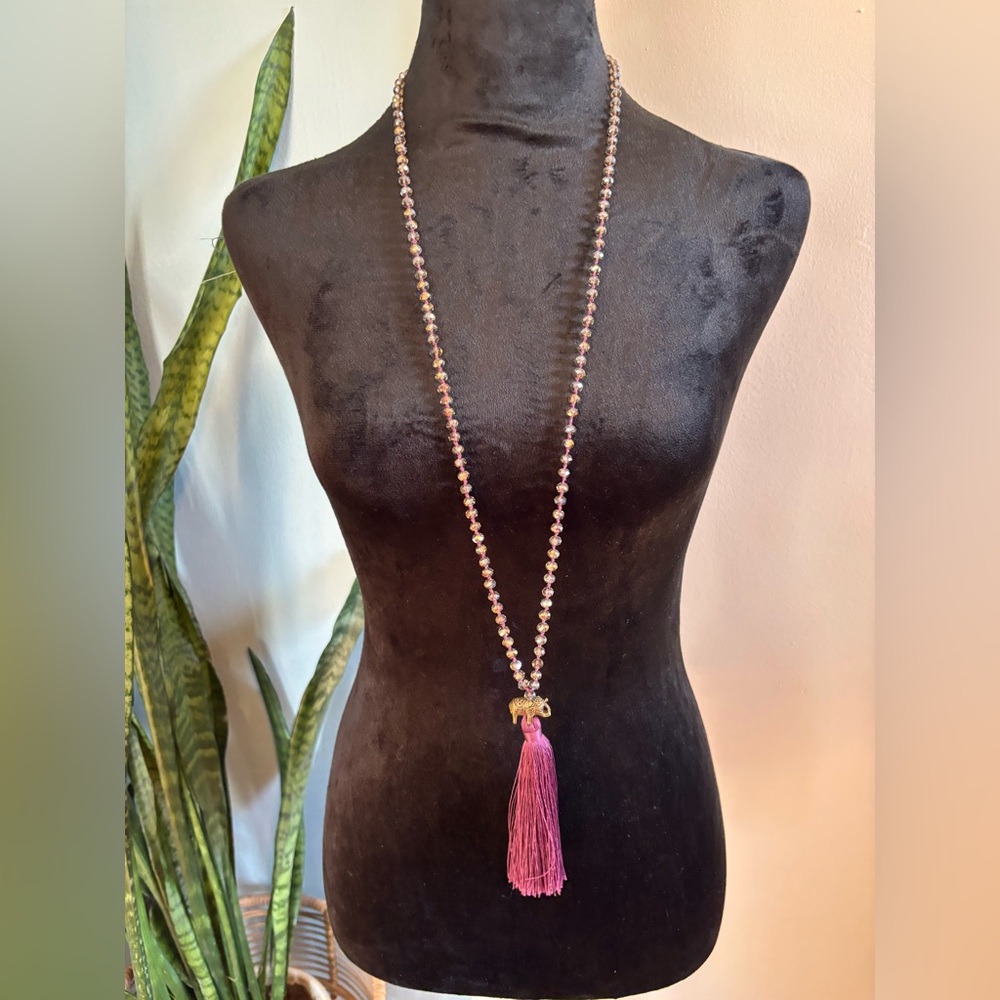 Elegant Pink Beaded Necklace with Tassel